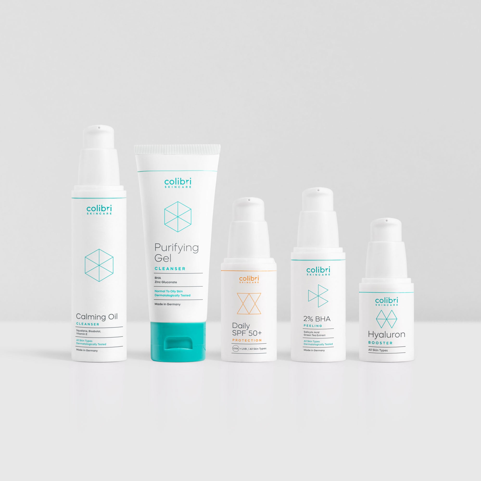 Travel Set mit Purifying Gel Cleanser, Hyaluron Booster, Calming Oil Cleanser, 2% BHA Peeling und Daily SPF 50+ Moisturizer