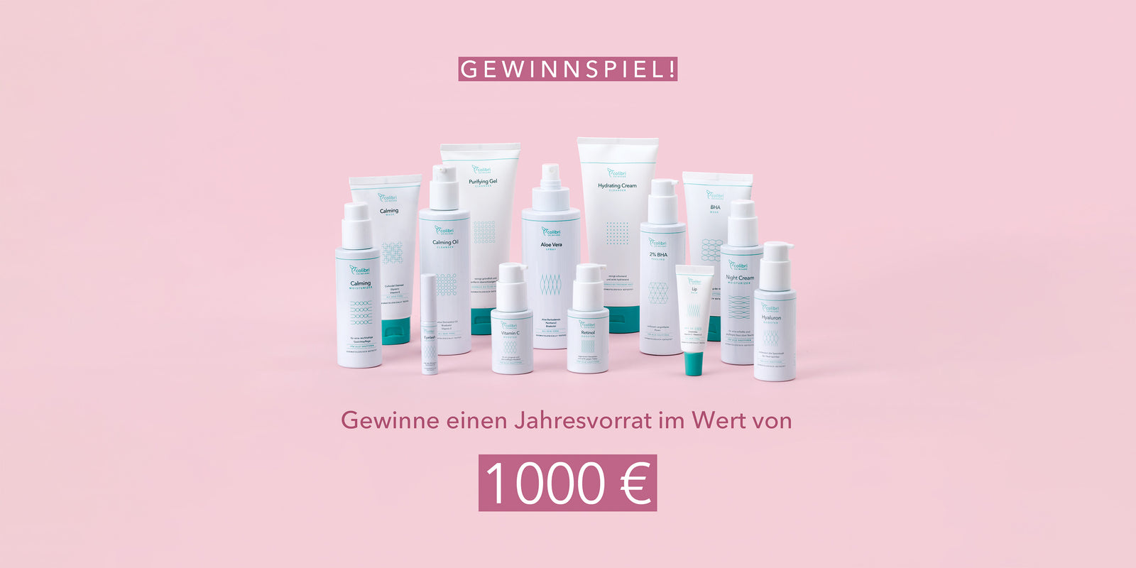 Verschiedene Hautpflegeprodukte vor rosa Hintergrund mit "Gewinnspiel" Banner und Text "Gewinne einen Jahresvorrat im Wert von 1000 €".