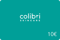 Teal-colored Geschenkkarte von Colibri Skincare im Wert von 10 Euro.