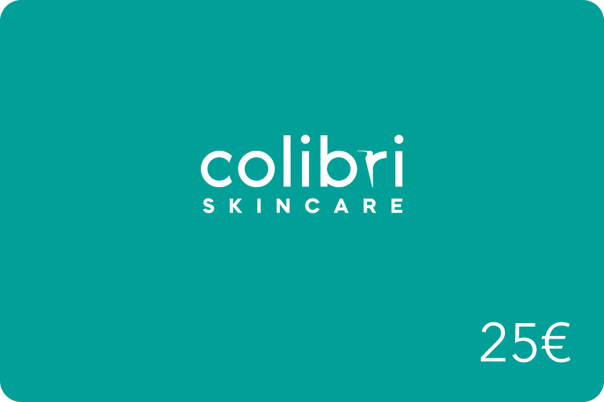 Geschenkkarte von Colibri Skincare im Wert von 25 Euro auf türkisfarbenem Hintergrund.
