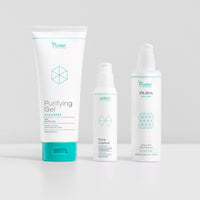 Drei Hautpflege-Produkte von colibri skincare, darunter ein Reinigungsgel, ein Porenkontroll-Booster und ein Peeling.